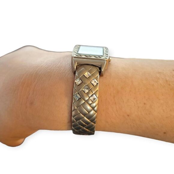Geneva Silver-tone Basket Weeve & Crystal Open Cuff Watch - Picture 3 of 13